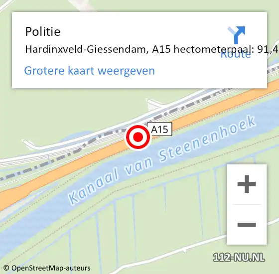 Locatie op kaart van de 112 melding: Politie Hardinxveld-Giessendam, A15 hectometerpaal: 91,4 op 10 juni 2021 15:04