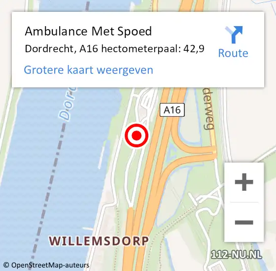 Locatie op kaart van de 112 melding: Ambulance Met Spoed Naar Dordrecht, A16 hectometerpaal: 42,9 op 10 juni 2021 15:47