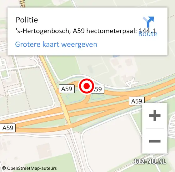 Locatie op kaart van de 112 melding: Politie 's-Hertogenbosch, A59 hectometerpaal: 144,1 op 10 juni 2021 16:24