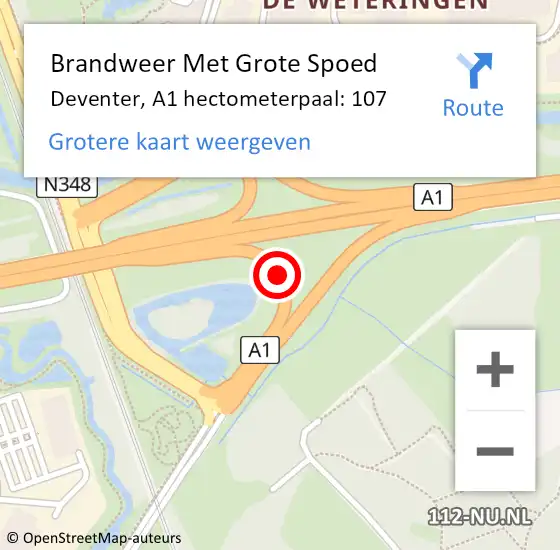 Locatie op kaart van de 112 melding: Brandweer Met Grote Spoed Naar Deventer, A1 hectometerpaal: 107 op 10 juni 2021 18:31