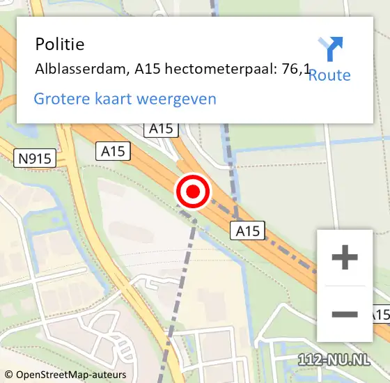 Locatie op kaart van de 112 melding: Politie Alblasserdam, A15 hectometerpaal: 76,1 op 10 juni 2021 18:33