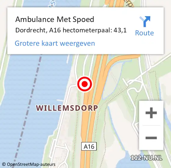 Locatie op kaart van de 112 melding: Ambulance Met Spoed Naar Dordrecht, A16 hectometerpaal: 43,1 op 10 juni 2021 19:00