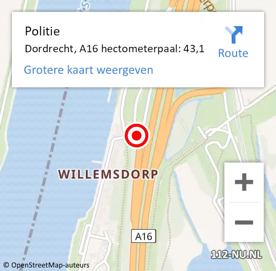 Locatie op kaart van de 112 melding: Politie Dordrecht, A16 hectometerpaal: 43,1 op 10 juni 2021 19:02