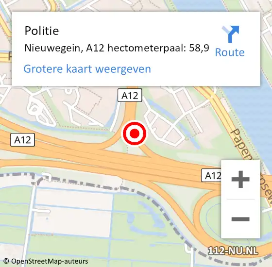 Locatie op kaart van de 112 melding: Politie Nieuwegein, A12 hectometerpaal: 58,9 op 10 juni 2021 20:13