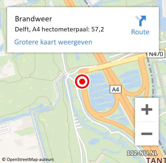 Locatie op kaart van de 112 melding: Brandweer Delft, A4 hectometerpaal: 57,2 op 10 juni 2021 20:55