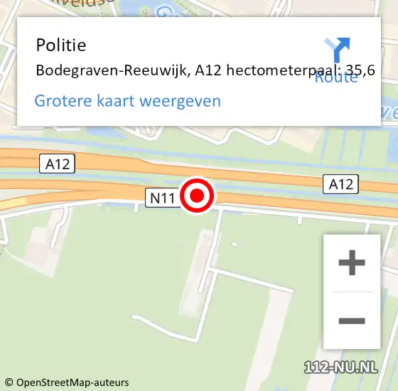 Locatie op kaart van de 112 melding: Politie Bodegraven-Reeuwijk, A12 hectometerpaal: 35,6 op 10 juni 2021 20:58