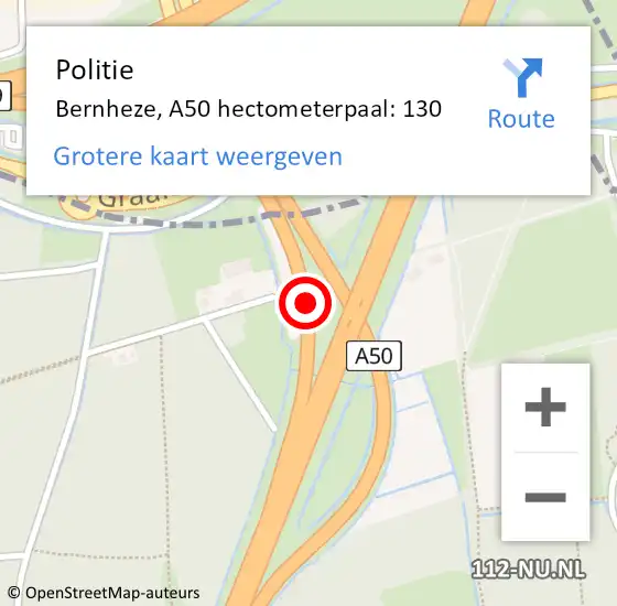 Locatie op kaart van de 112 melding: Politie Bernheze, A50 hectometerpaal: 130 op 10 juni 2021 22:42