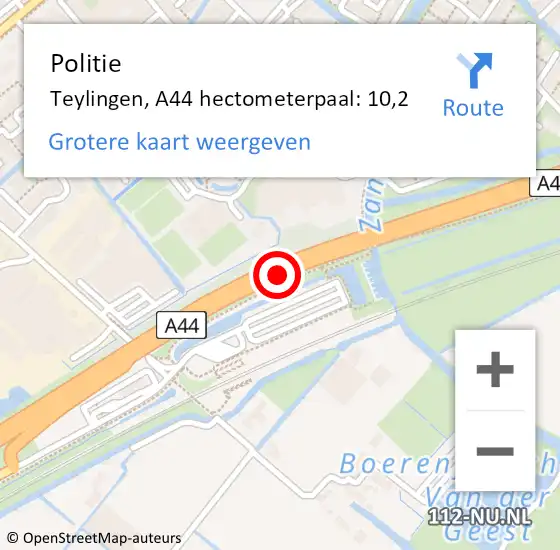 Locatie op kaart van de 112 melding: Politie Teylingen, A44 hectometerpaal: 10,2 op 11 juni 2021 03:38