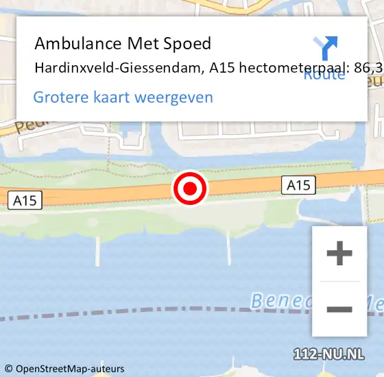 Locatie op kaart van de 112 melding: Ambulance Met Spoed Naar Hardinxveld-Giessendam, A15 hectometerpaal: 86,3 op 11 juni 2021 06:14