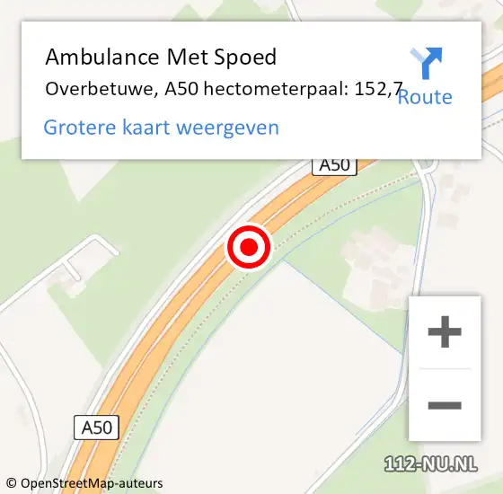 Locatie op kaart van de 112 melding: Ambulance Met Spoed Naar Overbetuwe, A50 hectometerpaal: 152,7 op 11 juni 2021 09:36