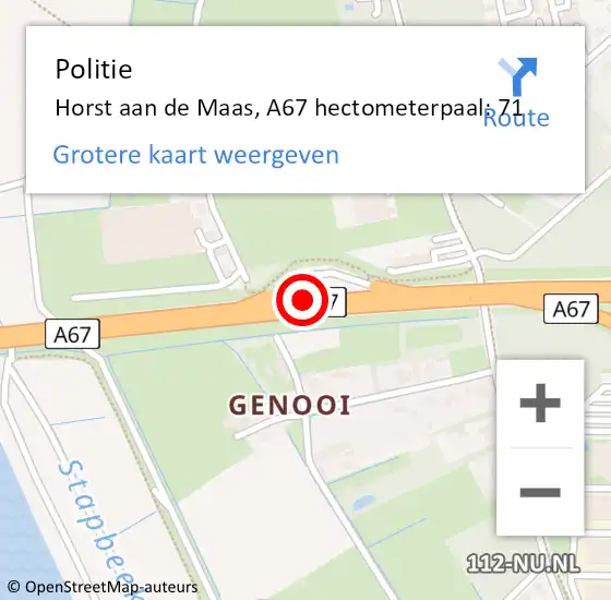Locatie op kaart van de 112 melding: Politie Horst aan de Maas, A67 hectometerpaal: 71 op 11 juni 2021 10:39