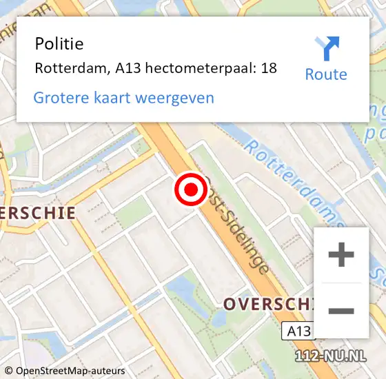 Locatie op kaart van de 112 melding: Politie Rotterdam, A13 hectometerpaal: 18 op 11 juni 2021 10:43