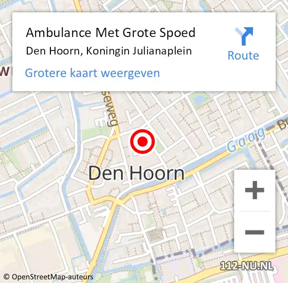 Locatie op kaart van de 112 melding: Ambulance Met Grote Spoed Naar Den Hoorn, Koningin Julianaplein op 11 juni 2021 11:40