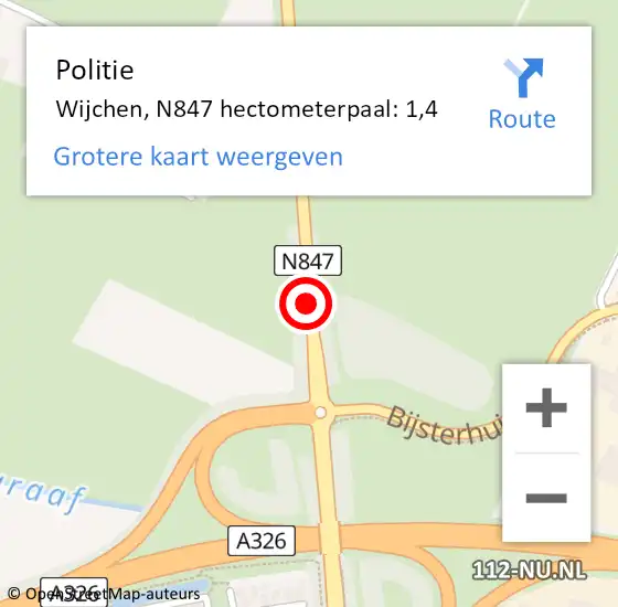 Locatie op kaart van de 112 melding: Politie Wijchen, N847 hectometerpaal: 1,4 op 11 juni 2021 12:29