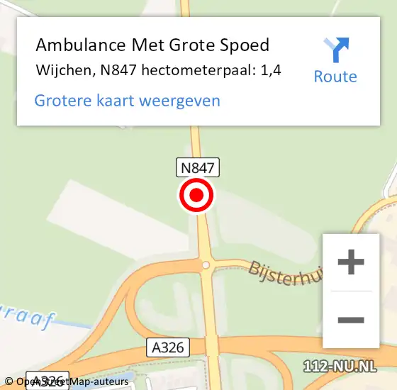 Locatie op kaart van de 112 melding: Ambulance Met Grote Spoed Naar Wijchen, N847 hectometerpaal: 1,4 op 11 juni 2021 12:30