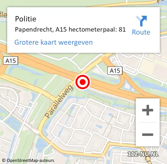 Locatie op kaart van de 112 melding: Politie Papendrecht, A15 hectometerpaal: 81 op 11 juni 2021 12:35