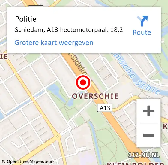 Locatie op kaart van de 112 melding: Politie Rotterdam, A13 hectometerpaal: 18,2 op 11 juni 2021 12:51