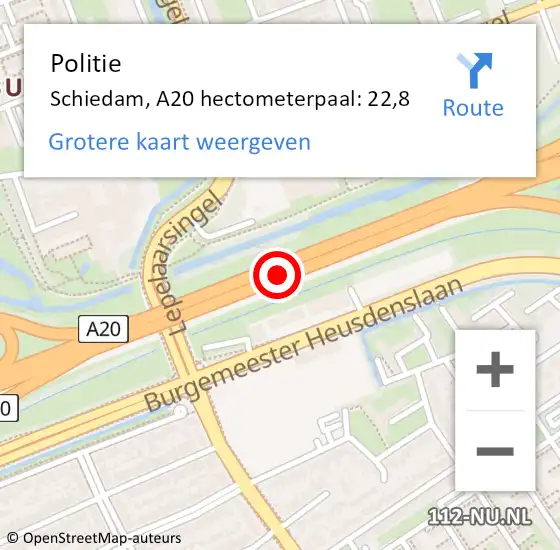 Locatie op kaart van de 112 melding: Politie Schiedam, A20 hectometerpaal: 22,8 op 11 juni 2021 13:50