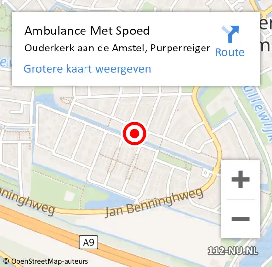 Locatie op kaart van de 112 melding: Ambulance Met Spoed Naar Ouderkerk aan de Amstel, Purperreiger op 11 juni 2021 14:17