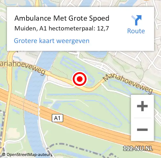 Locatie op kaart van de 112 melding: Ambulance Met Grote Spoed Naar Muiden, A1 hectometerpaal: 12,7 op 11 juni 2021 14:24