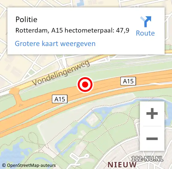 Locatie op kaart van de 112 melding: Politie Rotterdam, A15 hectometerpaal: 47,9 op 11 juni 2021 15:26