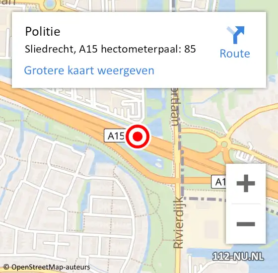 Locatie op kaart van de 112 melding: Politie Hardinxveld-Giessendam, A15 hectometerpaal: 85 op 11 juni 2021 15:28