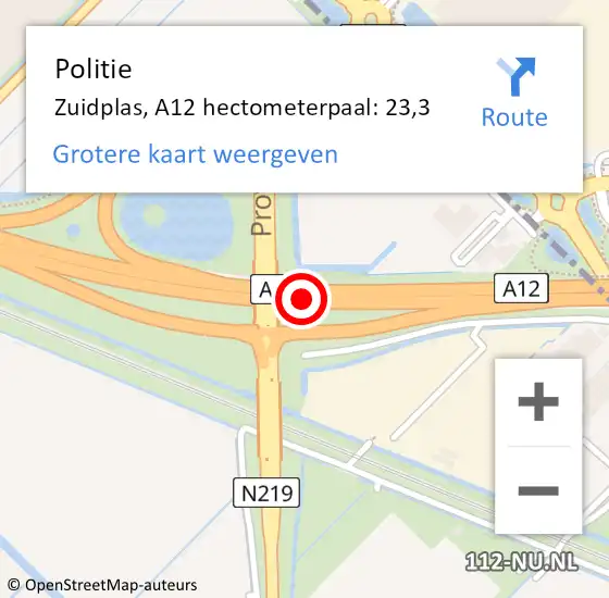 Locatie op kaart van de 112 melding: Politie Zuidplas, A12 hectometerpaal: 23,3 op 11 juni 2021 17:55