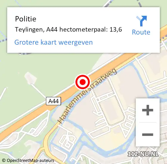 Locatie op kaart van de 112 melding: Politie Teylingen, A44 hectometerpaal: 13,6 op 11 juni 2021 21:35