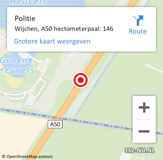 Locatie op kaart van de 112 melding: Politie Wijchen, A50 hectometerpaal: 146 op 11 juni 2021 22:21