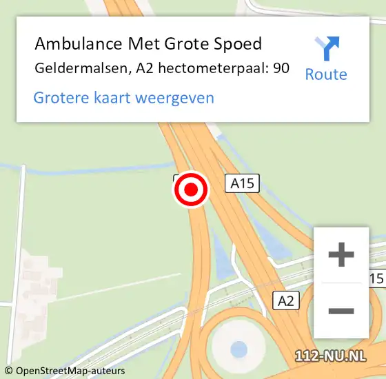 Locatie op kaart van de 112 melding: Ambulance Met Grote Spoed Naar Geldermalsen, A2 hectometerpaal: 90 op 12 juni 2021 02:12