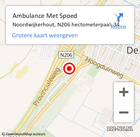 Locatie op kaart van de 112 melding: Ambulance Met Spoed Naar Noordwijkerhout, N206 hectometerpaal: 34 op 12 juni 2021 04:57