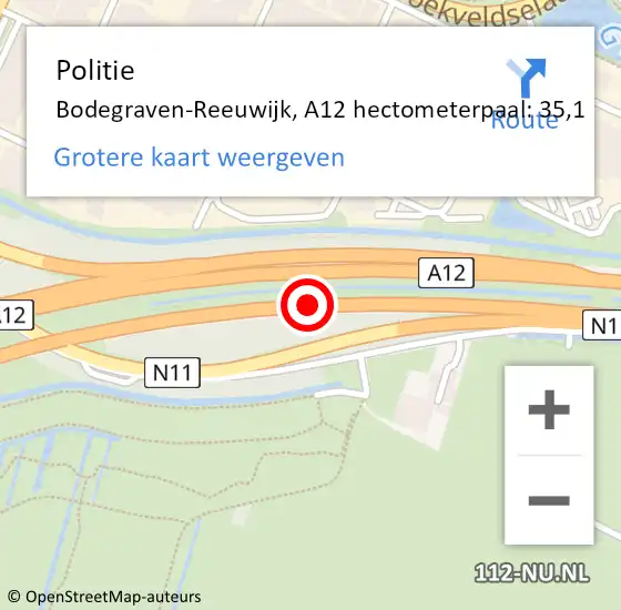 Locatie op kaart van de 112 melding: Politie Bodegraven-Reeuwijk, A12 hectometerpaal: 35,1 op 12 juni 2021 06:22