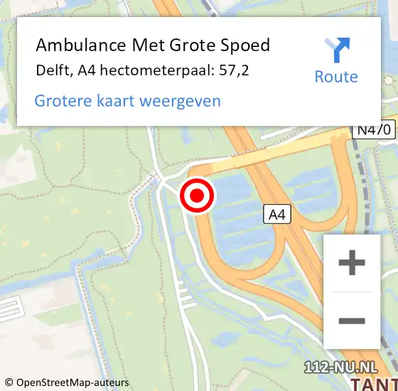 Locatie op kaart van de 112 melding: Ambulance Met Grote Spoed Naar Delft, A4 hectometerpaal: 57,2 op 12 juni 2021 13:58