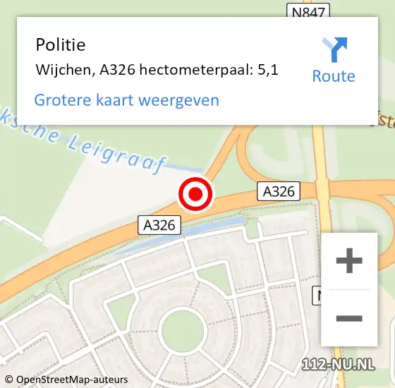 Locatie op kaart van de 112 melding: Politie Wijchen, A326 hectometerpaal: 5,1 op 12 juni 2021 14:32