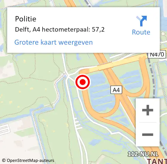 Locatie op kaart van de 112 melding: Politie Delft, A4 hectometerpaal: 57,2 op 12 juni 2021 14:35