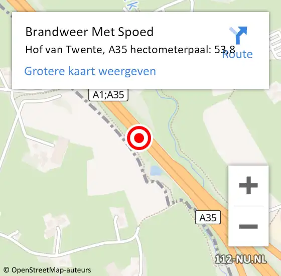 Locatie op kaart van de 112 melding: Brandweer Met Spoed Naar Hof van Twente, A35 hectometerpaal: 53,8 op 12 juni 2021 15:58