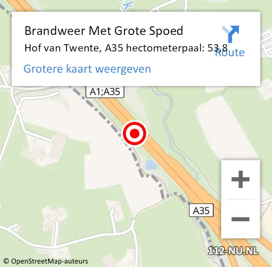 Locatie op kaart van de 112 melding: Brandweer Met Grote Spoed Naar Hof van Twente, A35 hectometerpaal: 53,8 op 12 juni 2021 15:58