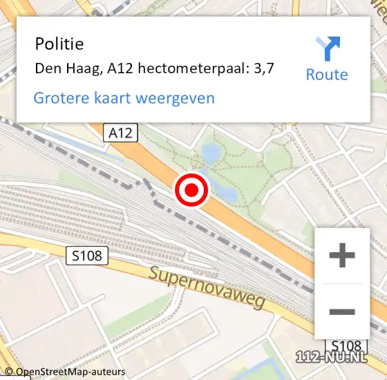 Locatie op kaart van de 112 melding: Politie Den Haag, A12 hectometerpaal: 3,7 op 12 juni 2021 16:38