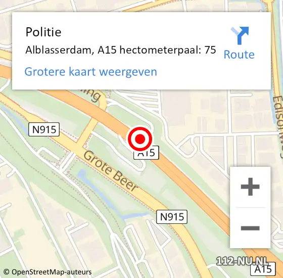 Locatie op kaart van de 112 melding: Politie Alblasserdam, A15 hectometerpaal: 75 op 12 juni 2021 17:18