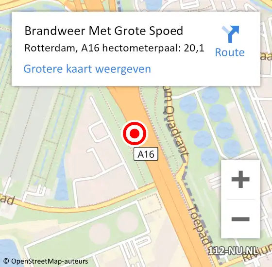 Locatie op kaart van de 112 melding: Brandweer Met Grote Spoed Naar Rotterdam, A16 hectometerpaal: 20,1 op 12 juni 2021 17:44