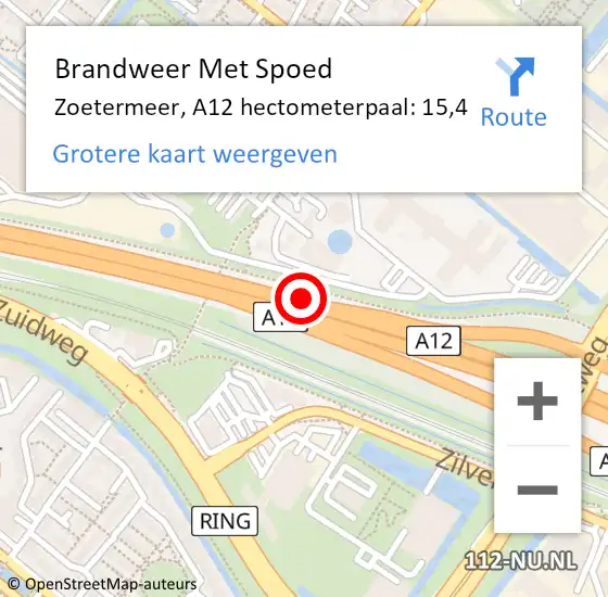 Locatie op kaart van de 112 melding: Brandweer Met Spoed Naar Zoetermeer, A12 hectometerpaal: 15,4 op 12 juni 2021 18:09