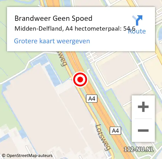 Locatie op kaart van de 112 melding: Brandweer Geen Spoed Naar Midden-Delfland, A4 hectometerpaal: 54,6 op 12 juni 2021 21:01