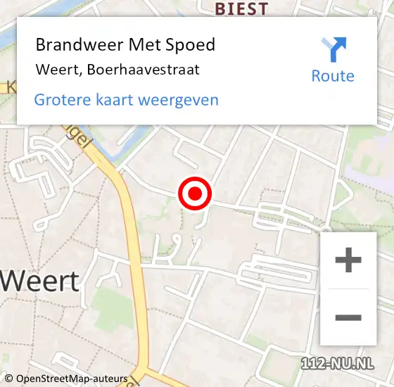 Locatie op kaart van de 112 melding: Brandweer Met Spoed Naar Weert, Boerhaavestraat op 12 juni 2021 21:11