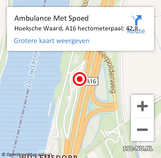Locatie op kaart van de 112 melding: Ambulance Met Spoed Naar Dordrecht, A16 hectometerpaal: 42,8 op 13 juni 2021 01:22