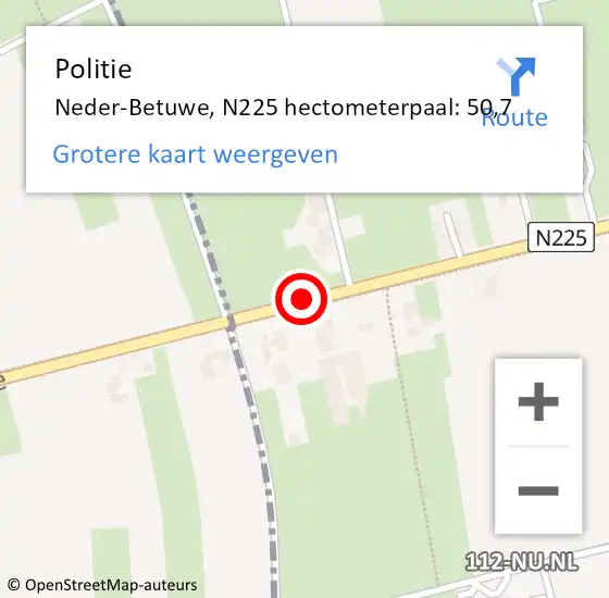 Locatie op kaart van de 112 melding: Politie Neder-Betuwe, N225 hectometerpaal: 50,7 op 13 juni 2021 03:17