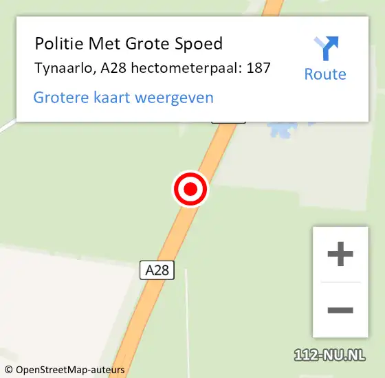 Locatie op kaart van de 112 melding: Politie Met Grote Spoed Naar Tynaarlo, A28 hectometerpaal: 187 op 13 juni 2021 11:24