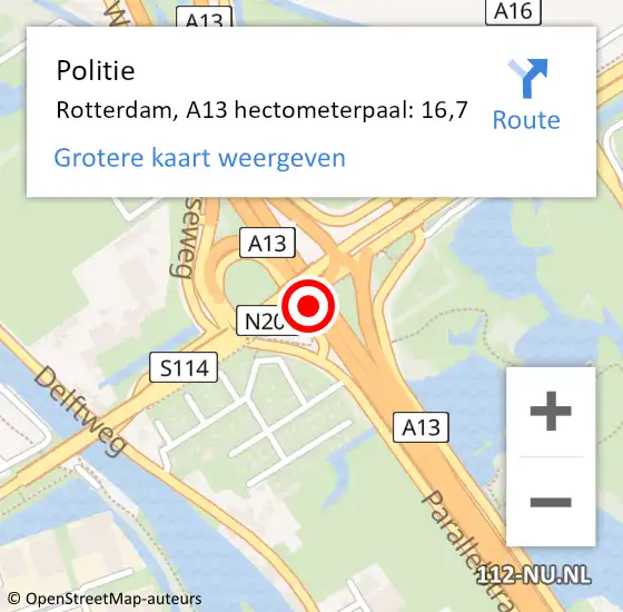 Locatie op kaart van de 112 melding: Politie Rotterdam, A13 hectometerpaal: 16,7 op 13 juni 2021 17:58