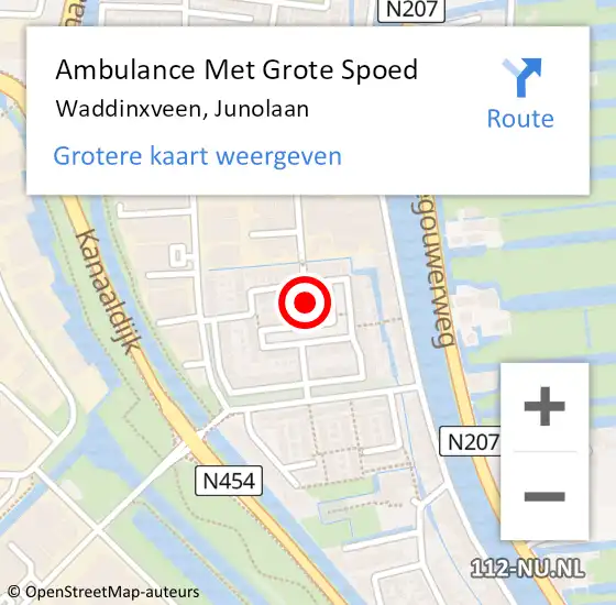 Locatie op kaart van de 112 melding: Ambulance Met Grote Spoed Naar Waddinxveen, Junolaan op 13 juni 2021 18:16