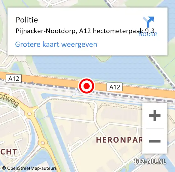 Locatie op kaart van de 112 melding: Politie Pijnacker-Nootdorp, A12 hectometerpaal: 9,3 op 13 juni 2021 18:45