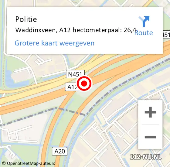 Locatie op kaart van de 112 melding: Politie Waddinxveen, A12 hectometerpaal: 26,4 op 13 juni 2021 19:00